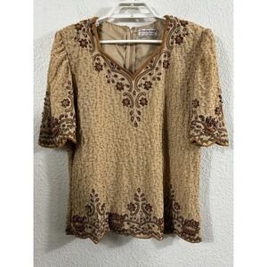 Vintage Creative Touch Blouse Womens‎ Large Beige Beaded Sequin Top 90s